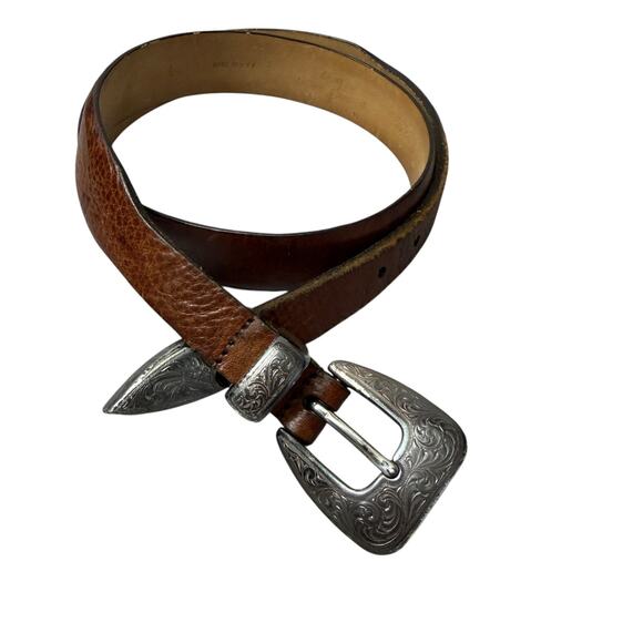 Tulliani Leather Belt Large Glazed Anline Steerhide Silver Buckle Embossed USA - Picture 1 of 10